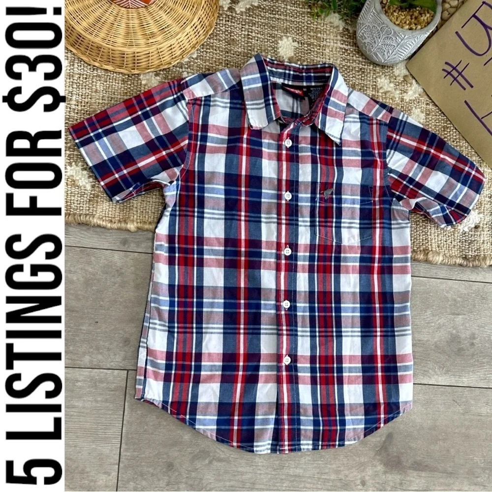 New Wrangler Boys Plaid Button Down Short Sleeve Shirt Size Small Red White Blue